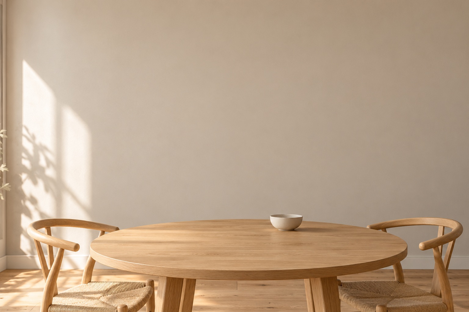 Mesa de roble claro en un comedor soleado