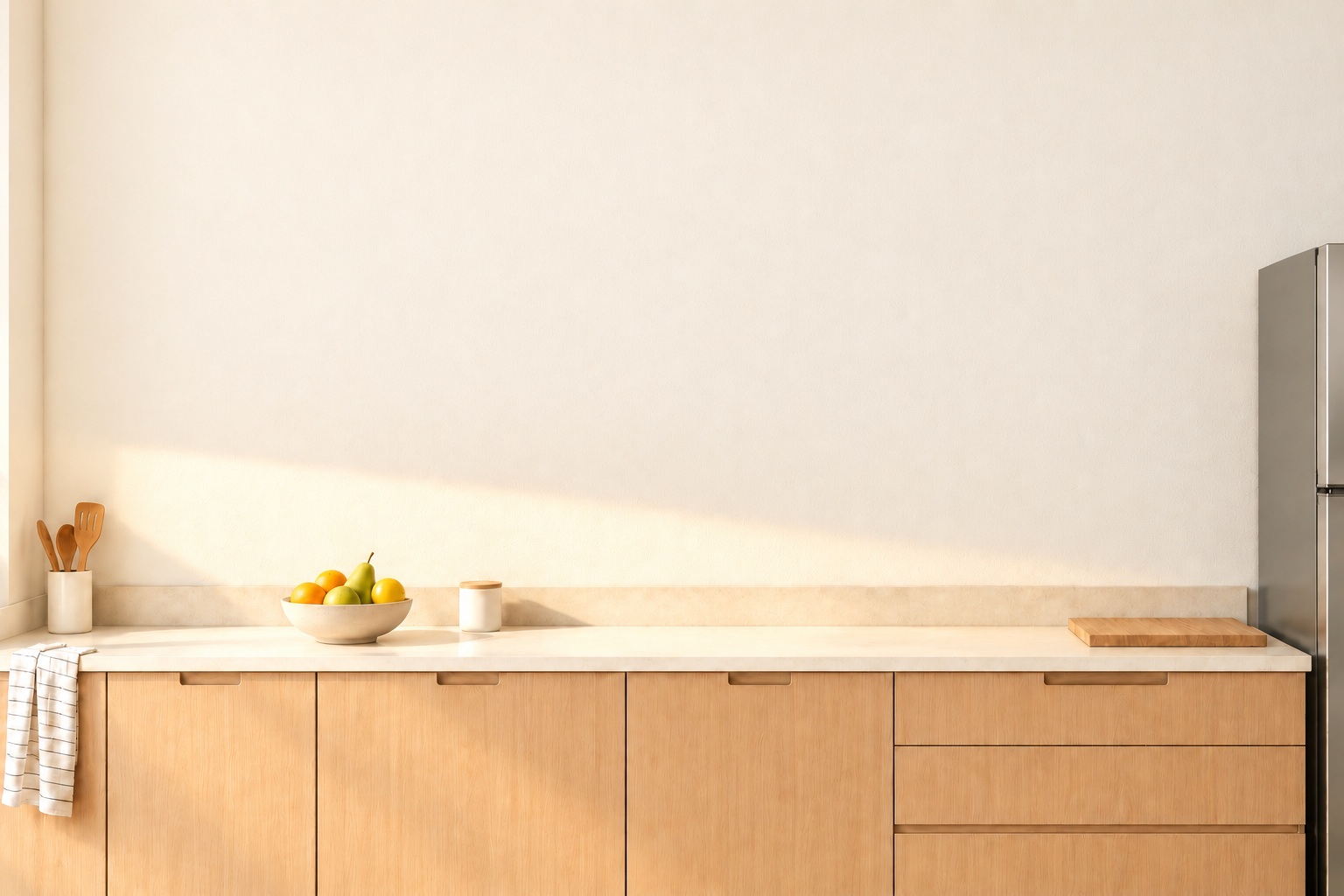 Cocina clara con pared libre y luz natural