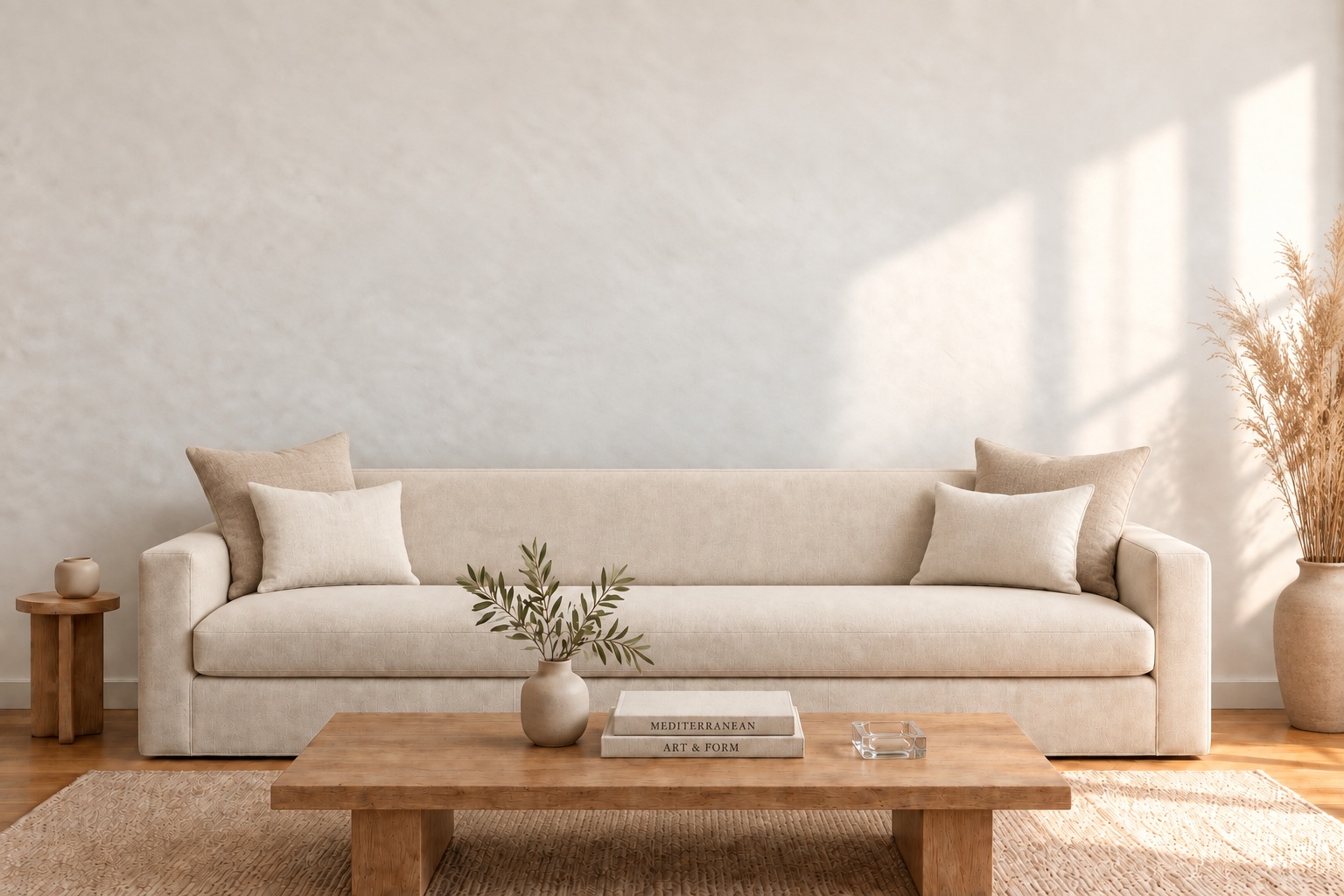 Sofá de tela color hueso con mesa de madera en un ambiente cálido